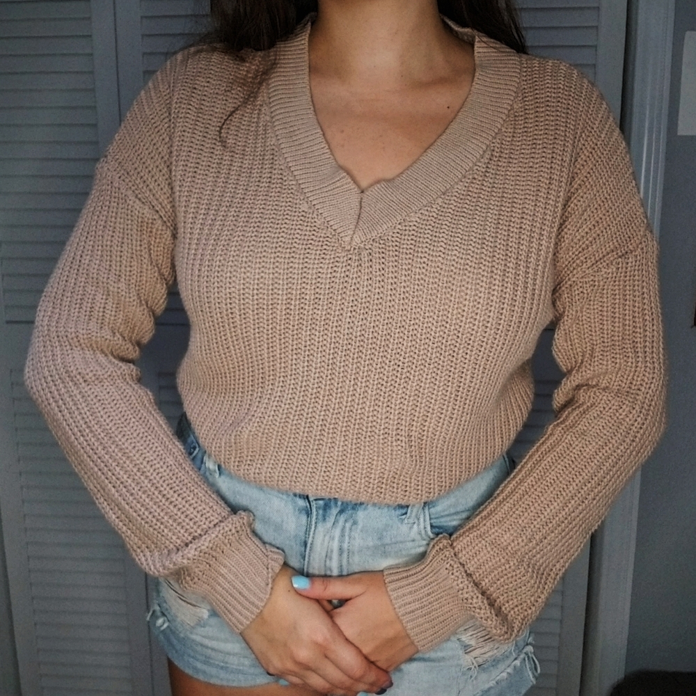 Tan Knit V Neck Sweater Medium